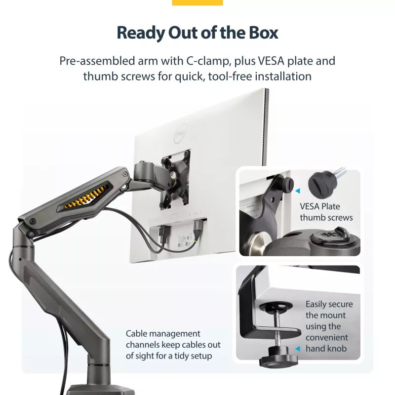 StarTech.com Desk Mount Monitor Arm, Up To 32 inch Display, Max 22lb/10kg, VESA 75x75/100x100, C-Clamp, Fully Articulating, Mechanical Spring, TAA-compliant