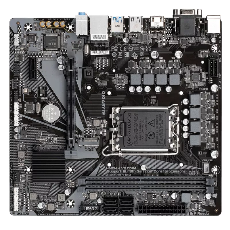 GIGABYTE H610M H V2 DDR4 Motherboard - Supports Intel Core 14th CPUs, 6+1+1 Hybrid Digital VRM, up to 3200MHz DDR4 (OC), 1xPCIe 3.0 M.2, GbE LAN, USB 3.2 Gen 1