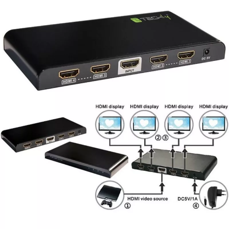 Techly Splitter HDMI 2.0 4K UHD 3D 4-way, HDMI, 4x HDMI, 3840 x 2160 pixels, Black, 4K Ultra HD, 30 m