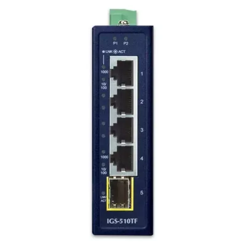 Unmanaged Gigabit Ethernet Switch PLANET IGS-510TF — 4 x 10/100/1000 Mbps, 10 Gbit/s switching, 9–48V DC, wall-mountable