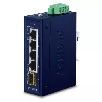 Unmanaged Gigabit Ethernet Switch PLANET IGS-510TF — 4 x 10/100/1000 Mbps, 10 Gbit/s switching, 9–48V DC, wall-mountable