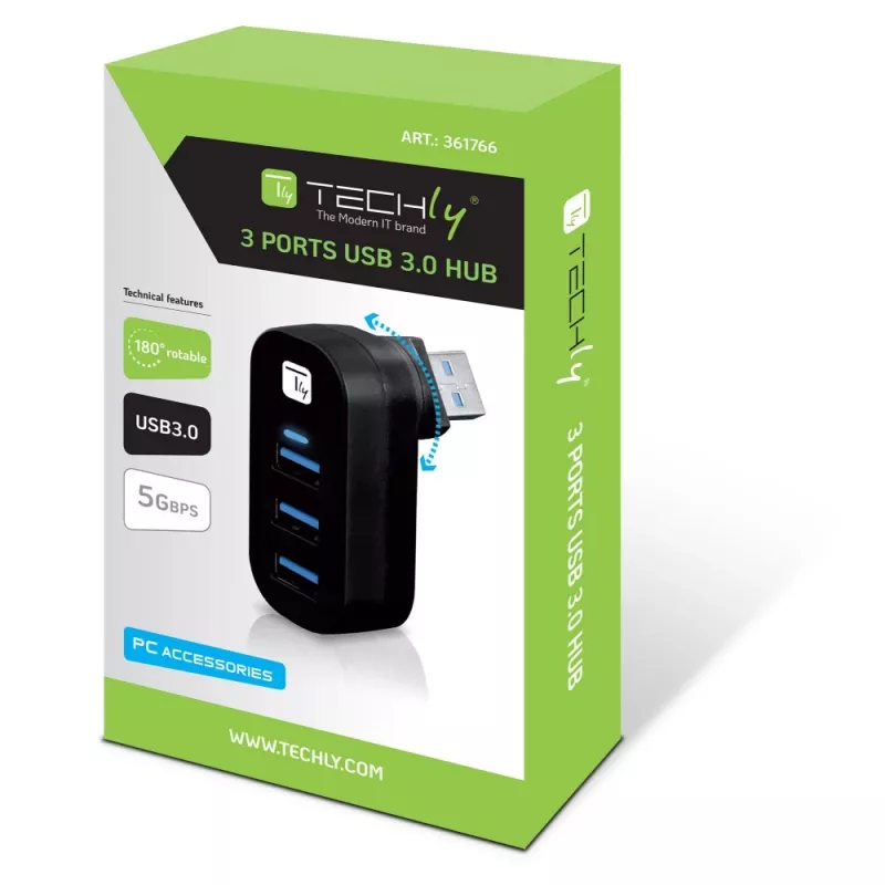 Techly IUSB3-HUB3-ROTB interface hub USB 3.2 Gen 1 (3.1 Gen 1) Type-A 5000 Mbit/s Black