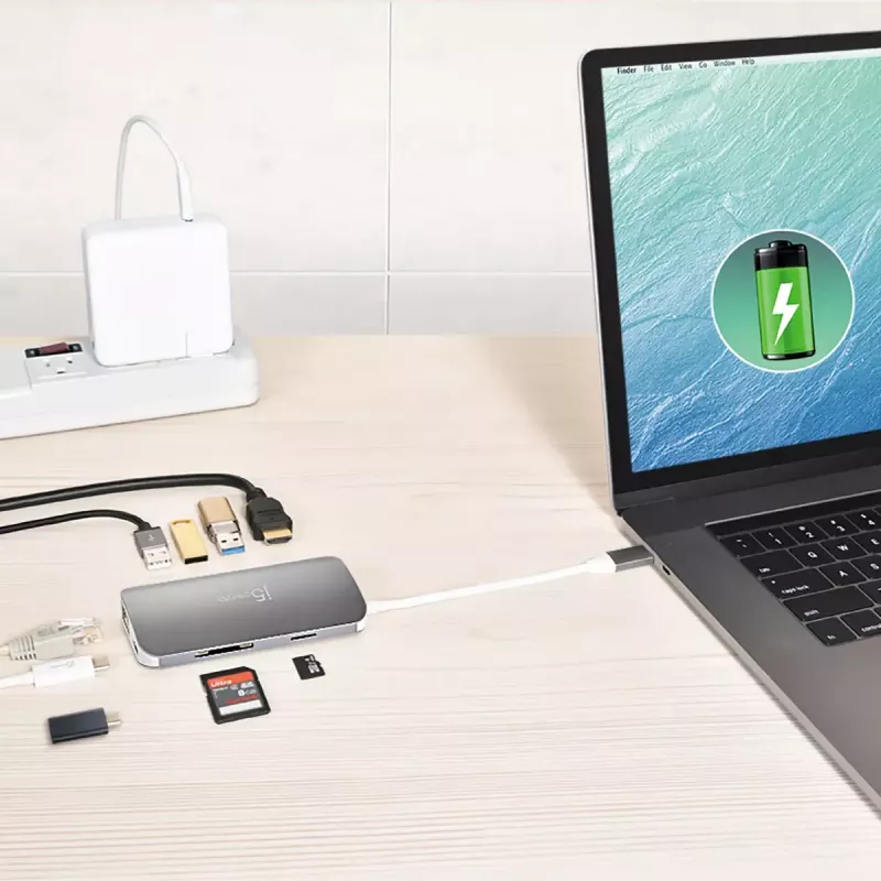 j5create JCD383 USB-C™ 9-in-1 Multi Adapter, Silver and White
