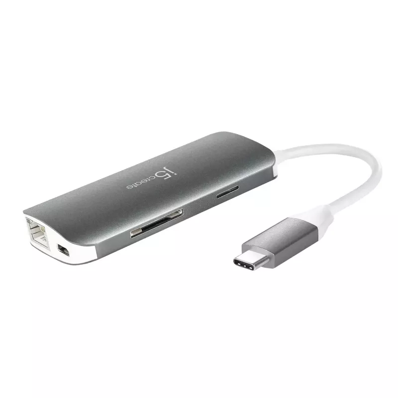 j5create JCD383 USB-C™ 9-in-1 Multi Adapter, Silver and White