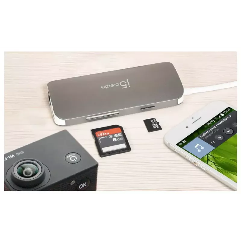 j5create JCD383 USB-C™ 9-in-1 Multi Adapter, Silver and White