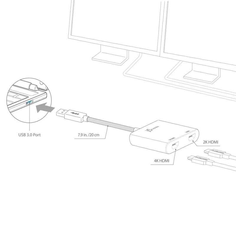 j5create JUA365 USB™ 3.0 to Dual HDMI Multi-Monitor Adapter, Silver