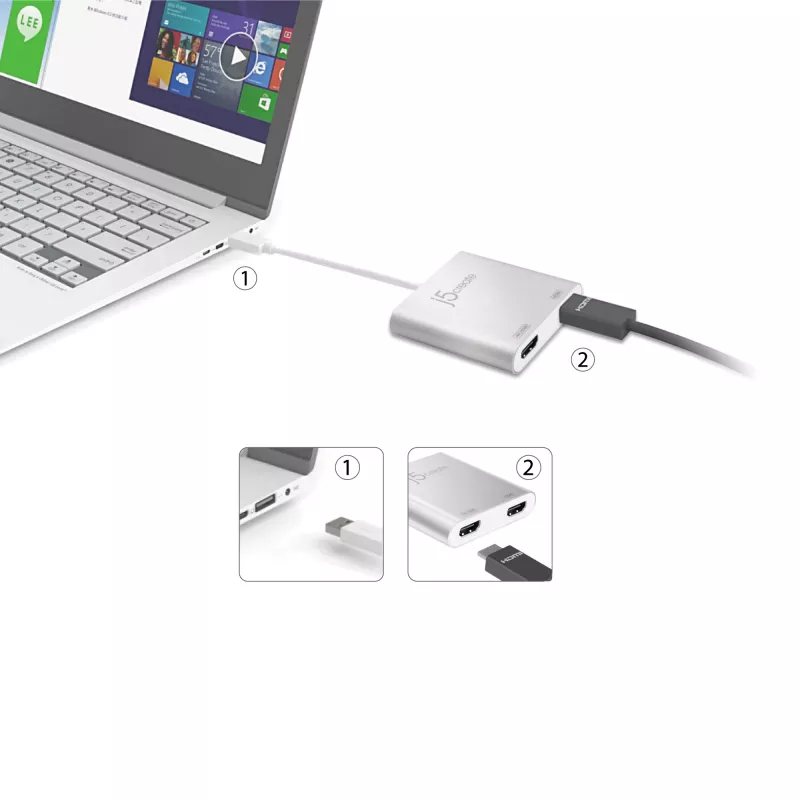 j5create JUA365 USB™ 3.0 to Dual HDMI Multi-Monitor Adapter, Silver