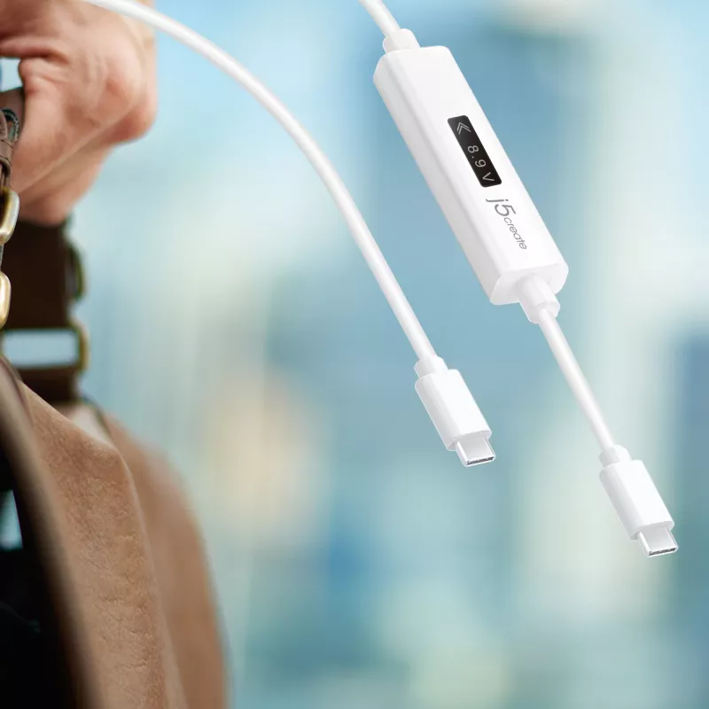 j5create JUCP14 USB-C™ 2.0 to USB-C™ Cable With OLED Dynamic Power Meter, White, 1.2 m