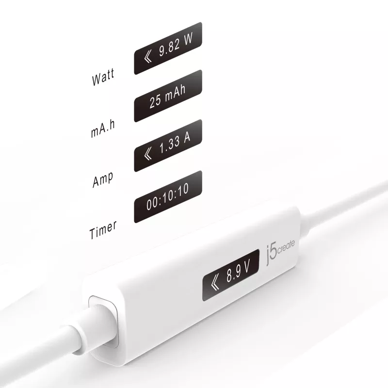 j5create JUCP14 USB-C™ 2.0 to USB-C™ Cable With OLED Dynamic Power Meter, White, 1.2 m