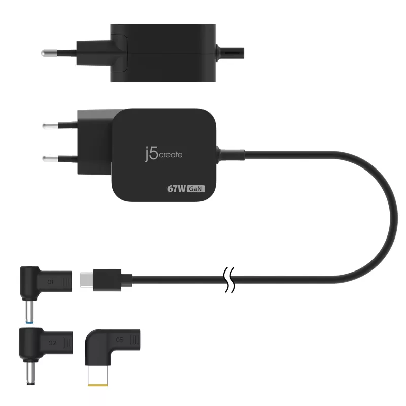 j5create JUP1565DCE3A-EN 67W GaN PD USB-C® Mini Charger with 3 Types of DC Connector - EU