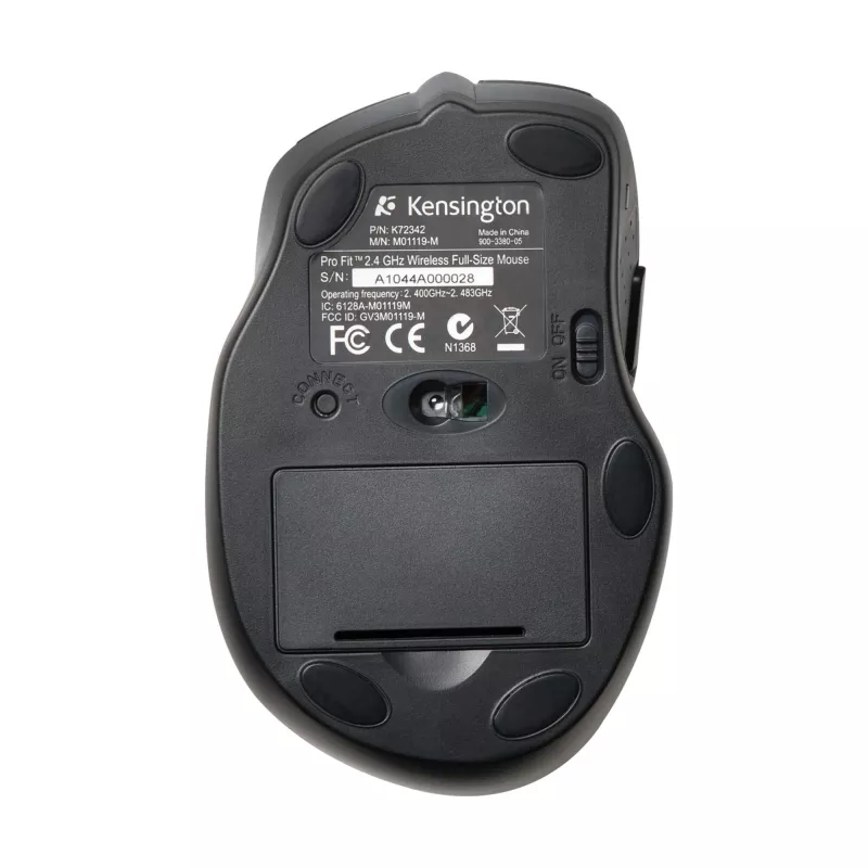 Kensington Pro Fit Wireless Full-Size Mouse, Ambidextrous, Optical, RF Wireless, 1600 DPI, Black