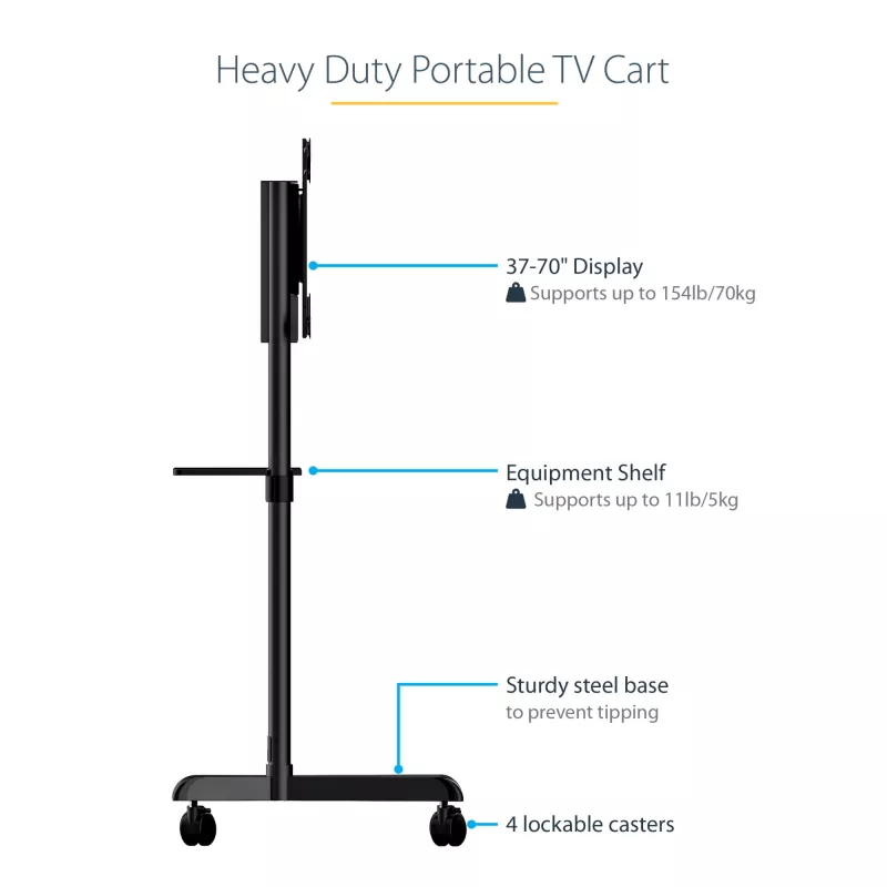 StarTech.com Mobile TV Cart - Portable Rolling TV Stand for 37-70 inch VESA Display (154lb/70kg) - TV Stand w/Shelf & Storage Compartment - Rotate/Tilt Display - Universal TV Mount on Wheels