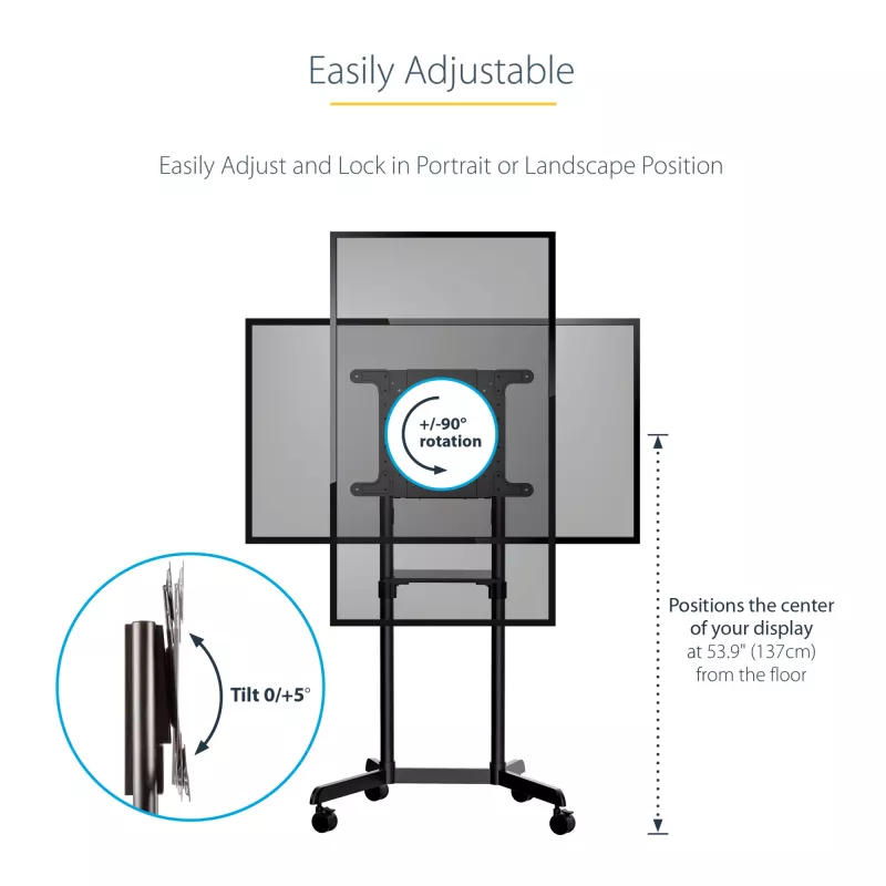 StarTech.com Mobile TV Cart - Portable Rolling TV Stand for 37-70 inch VESA Display (154lb/70kg) - TV Stand w/Shelf & Storage Compartment - Rotate/Tilt Display - Universal TV Mount on Wheels