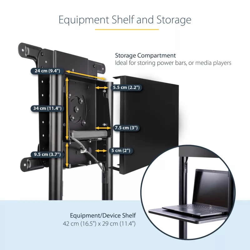 StarTech.com Mobile TV Cart - Portable Rolling TV Stand for 37-70 inch VESA Display (154lb/70kg) - TV Stand w/Shelf & Storage Compartment - Rotate/Tilt Display - Universal TV Mount on Wheels