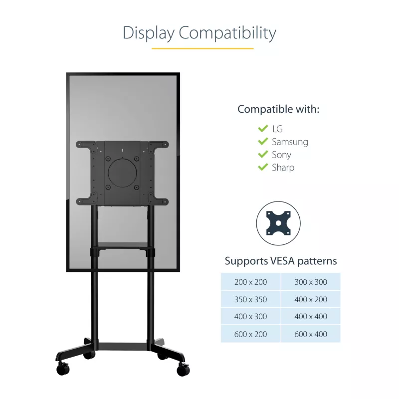 StarTech.com Mobile TV Cart - Portable Rolling TV Stand for 37-70 inch VESA Display (154lb/70kg) - TV Stand w/Shelf & Storage Compartment - Rotate/Tilt Display - Universal TV Mount on Wheels
