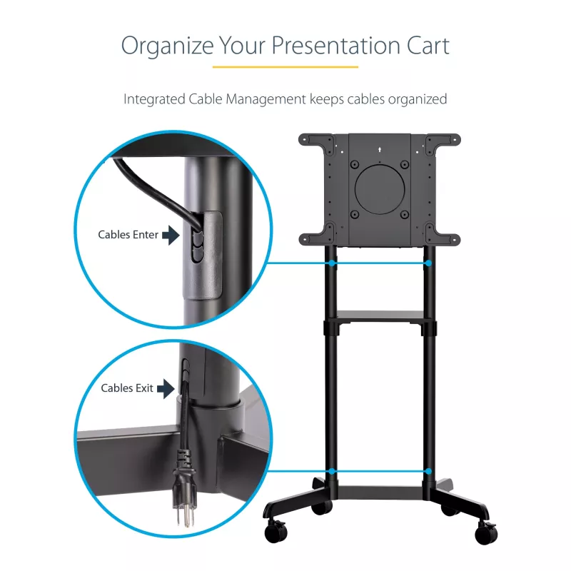 StarTech.com Mobile TV Cart - Portable Rolling TV Stand for 37-70 inch VESA Display (154lb/70kg) - TV Stand w/Shelf & Storage Compartment - Rotate/Tilt Display - Universal TV Mount on Wheels
