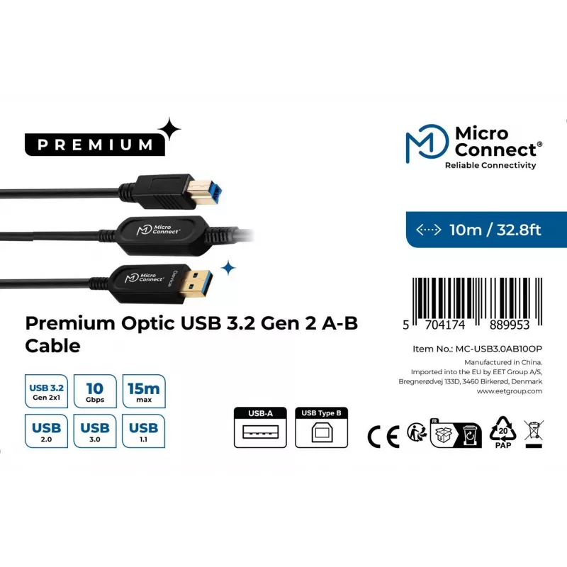 Microconnect MC-USB3.0AB10OP USB cable USB 3.2 Gen 2 (3.1 Gen 2) 10 m USB A USB B Black