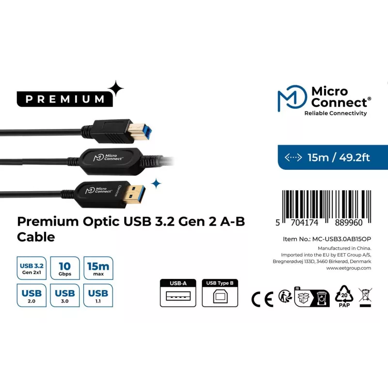 Microconnect MC-USB3.0AB15OP USB cable USB 3.2 Gen 2 (3.1 Gen 2) 15 m USB A USB B Black