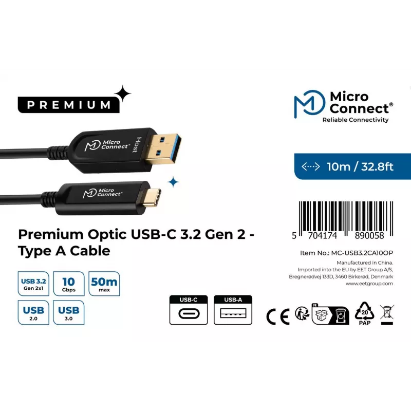 Microconnect MC-USB3.2CA10OP USB cable USB 3.2 Gen 2 (3.1 Gen 2) 10 m USB A USB C Black
