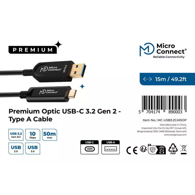 Microconnect MC-USB3.2CA15OP USB cable USB 3.2 Gen 2 (3.1 Gen 2) 15 m USB A USB C Black