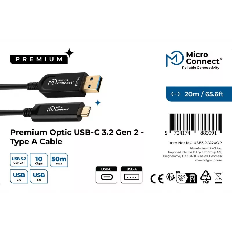Microconnect MC-USB3.2CA20OP USB cable USB 3.2 Gen 2 (3.1 Gen 2) 20 m USB A USB C Black