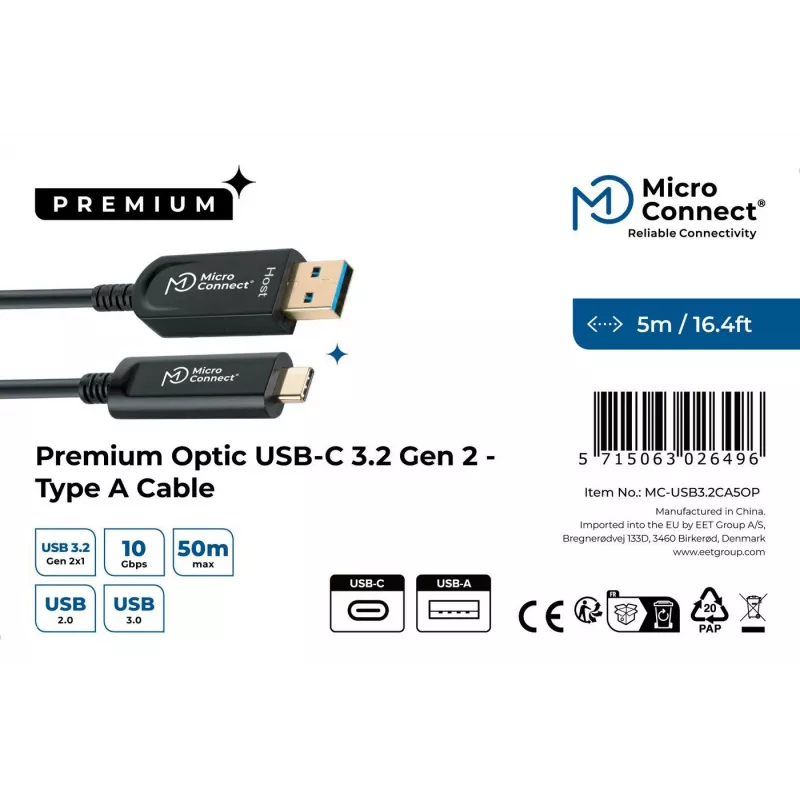 Microconnect MC-USB3.2CA5OP USB cable USB 3.2 Gen 2 (3.1 Gen 2) 5 m USB A USB C Black