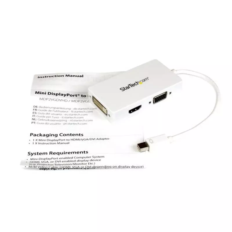StarTech.com Travel A/V Adapter: 3-in-1 Mini DisplayPort to VGA DVI or HDMI Converter - White