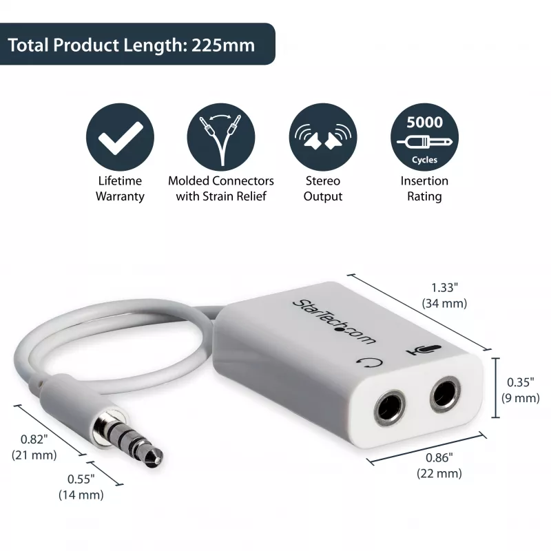 StarTech.com White headset adapter for headsets with separate headphone / microphone plugs - 3.5mm 4 position to 2x 3 position 3.5mm M/F
