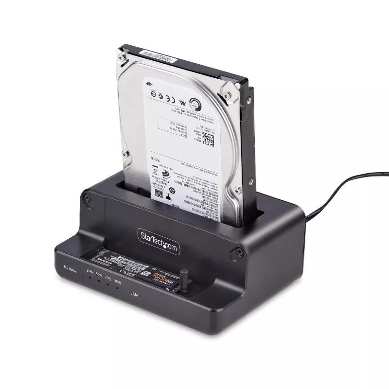 StarTech.com M.2 NVMe to 2.5/3.5 inch SATA Drive Duplicator, Dual Bay Standalone SSD Cloner/Drive Dock, Bidirectional NVMe to SATA / SATA to NVMe, Up to 27GBpm, TAA