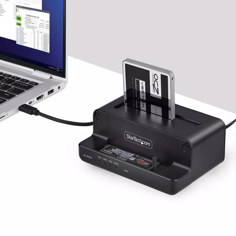 StarTech.com M.2 NVMe to 2.5/3.5 inch SATA Drive Duplicator, Dual Bay Standalone SSD Cloner/Drive Dock, Bidirectional NVMe to SATA / SATA to NVMe, Up to 27GBpm, TAA