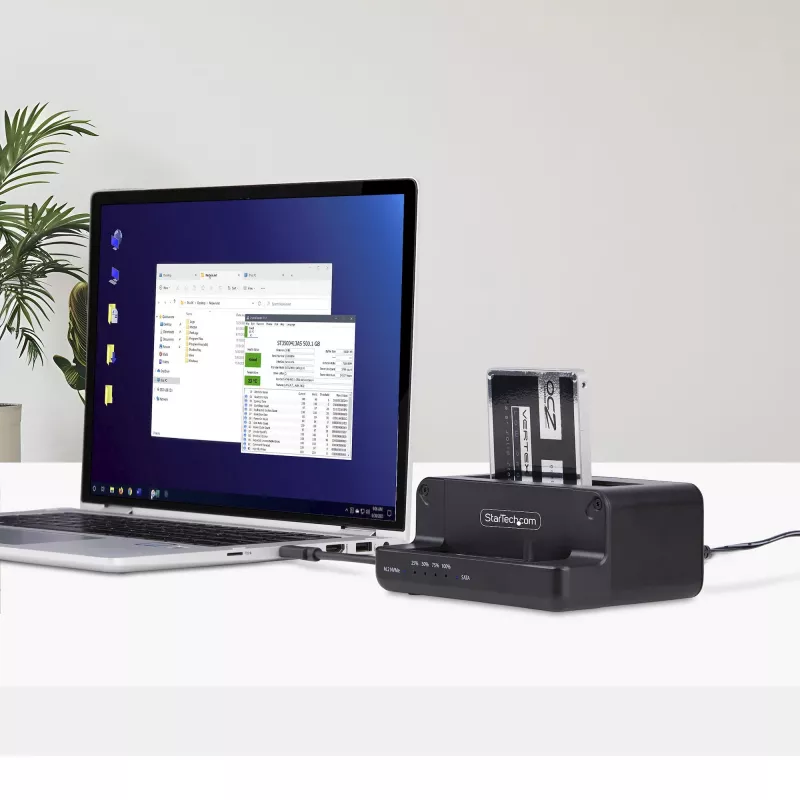 StarTech.com M.2 NVMe to 2.5/3.5 inch SATA Drive Duplicator, Dual Bay Standalone SSD Cloner/Drive Dock, Bidirectional NVMe to SATA / SATA to NVMe, Up to 27GBpm, TAA