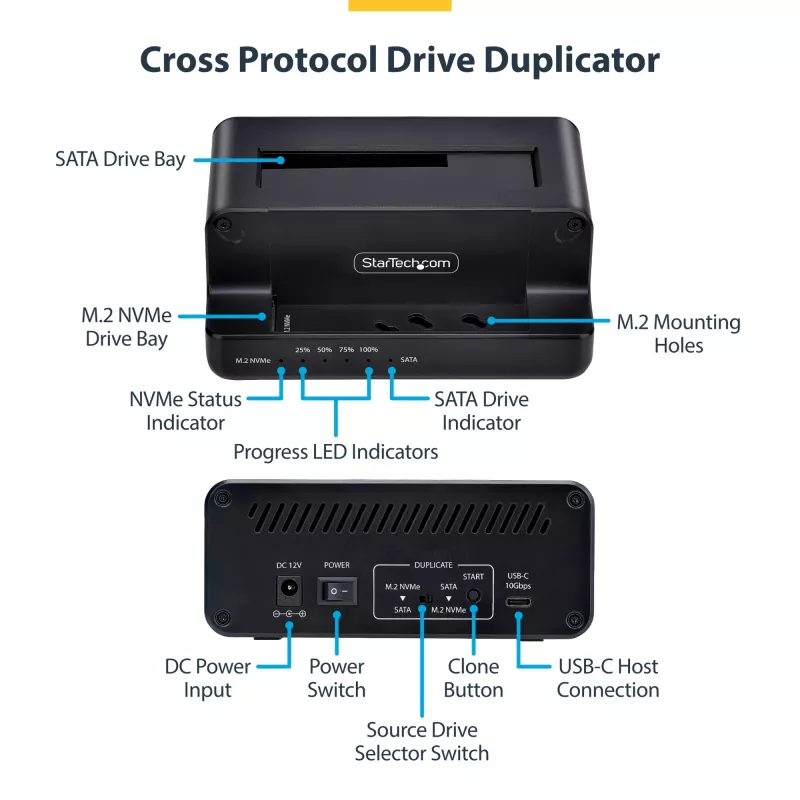 StarTech.com M.2 NVMe to 2.5/3.5 inch SATA Drive Duplicator, Dual Bay Standalone SSD Cloner/Drive Dock, Bidirectional NVMe to SATA / SATA to NVMe, Up to 27GBpm, TAA