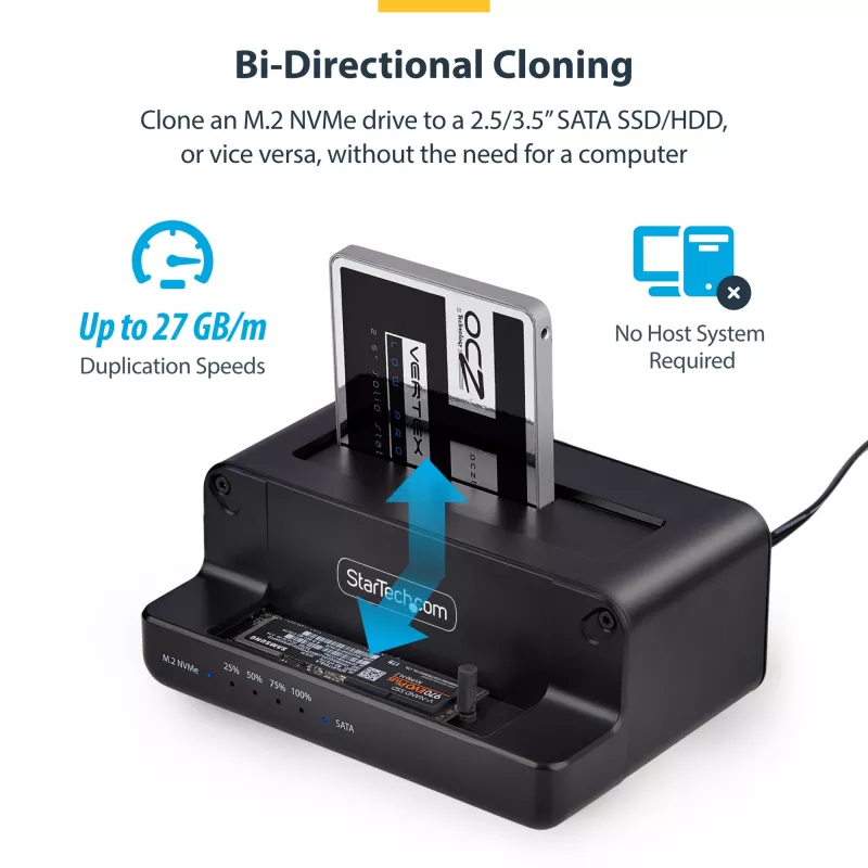 StarTech.com M.2 NVMe to 2.5/3.5 inch SATA Drive Duplicator, Dual Bay Standalone SSD Cloner/Drive Dock, Bidirectional NVMe to SATA / SATA to NVMe, Up to 27GBpm, TAA