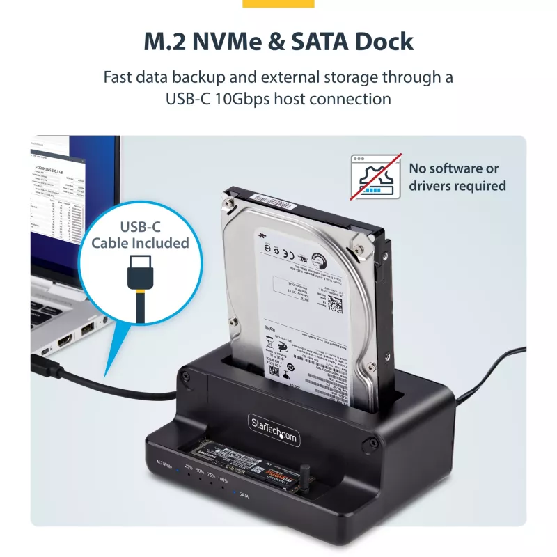 StarTech.com M.2 NVMe to 2.5/3.5 inch SATA Drive Duplicator, Dual Bay Standalone SSD Cloner/Drive Dock, Bidirectional NVMe to SATA / SATA to NVMe, Up to 27GBpm, TAA