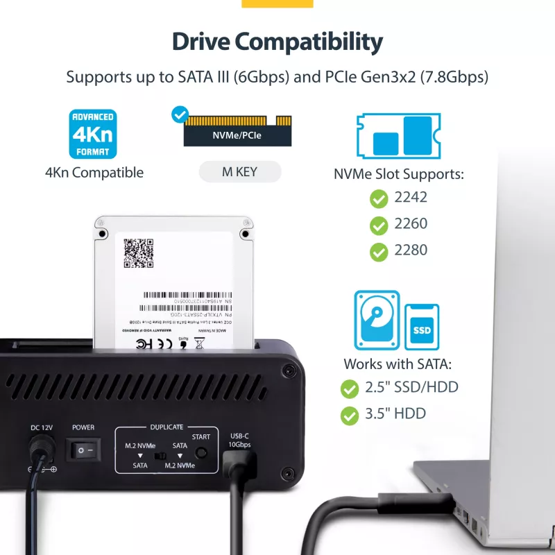 StarTech.com M.2 NVMe to 2.5/3.5 inch SATA Drive Duplicator, Dual Bay Standalone SSD Cloner/Drive Dock, Bidirectional NVMe to SATA / SATA to NVMe, Up to 27GBpm, TAA