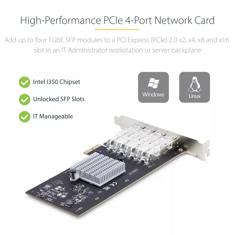 StarTech.com 4-Port GbE SFP Network Card, PCIe 2.0 x2 (x4, x8, x16 Compatible), Intel I350-AM4 4x 1GbE Controller, 1000BASE Copper/Fiber Optic, Desktop/Server Quad-Port Gigabit Ethernet NIC - Windows & Linux