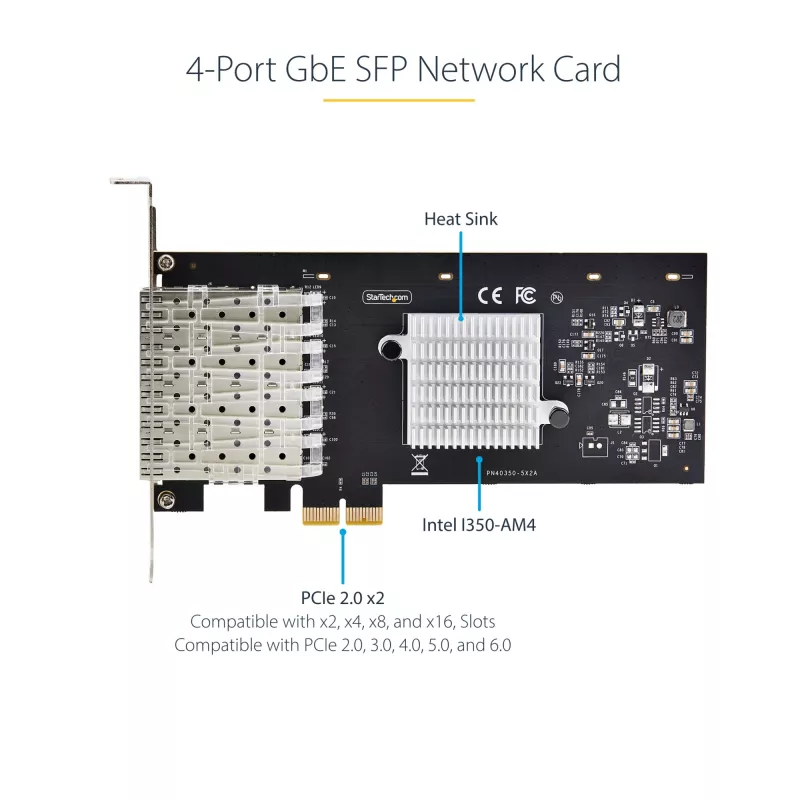 StarTech.com 4-Port GbE SFP Network Card, PCIe 2.0 x2 (x4, x8, x16 Compatible), Intel I350-AM4 4x 1GbE Controller, 1000BASE Copper/Fiber Optic, Desktop/Server Quad-Port Gigabit Ethernet NIC - Windows & Linux