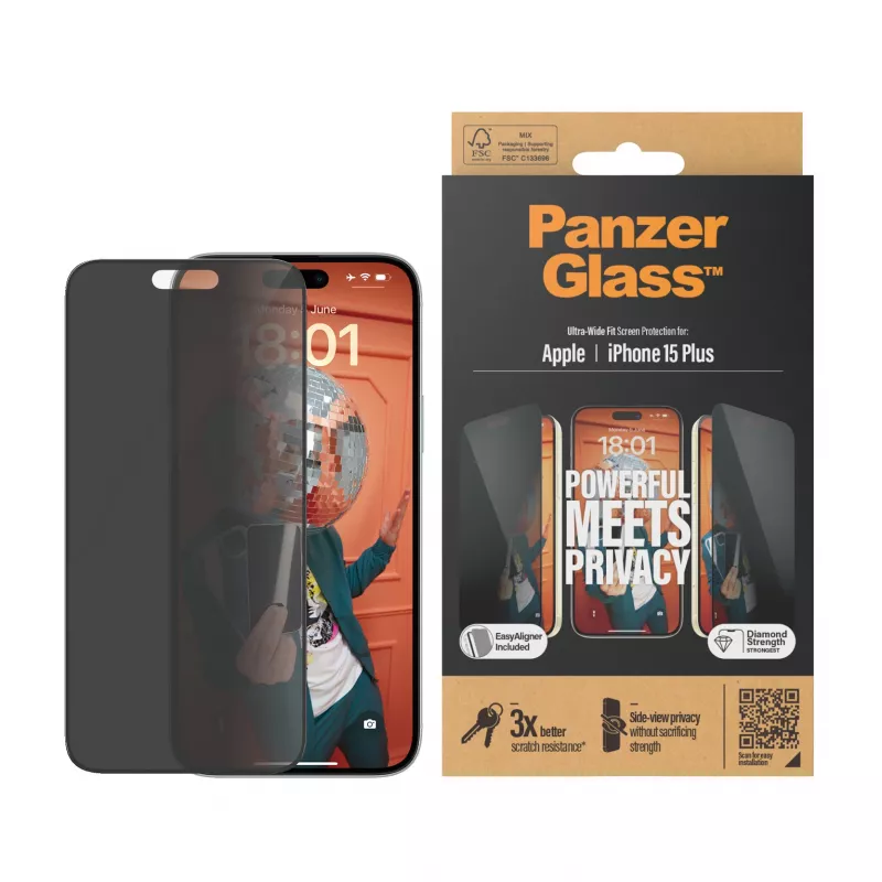 PanzerGlass ® Privacy Screen Protector iPhone 15 Plus | Ultra-Wide Fit w. EasyAligner