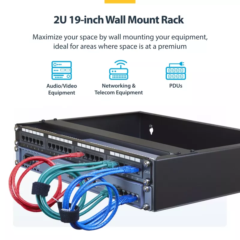 StarTech.com 2U Wall Mount Network Rack - 14In. Deep (Low Profile) - 19 inch Patch Panel Bracket for Shallow Server, IT Equipment, Network Switches - 77lbs/35kg Weight Capacity, Black