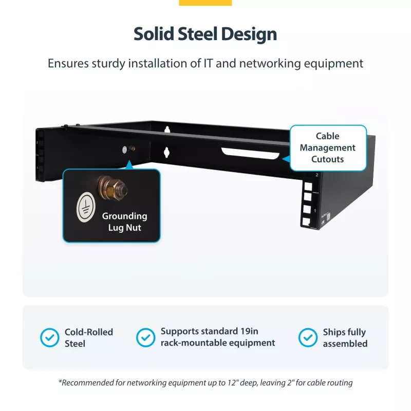 StarTech.com 2U Wall Mount Network Rack - 14In. Deep (Low Profile) - 19 inch Patch Panel Bracket for Shallow Server, IT Equipment, Network Switches - 77lbs/35kg Weight Capacity, Black