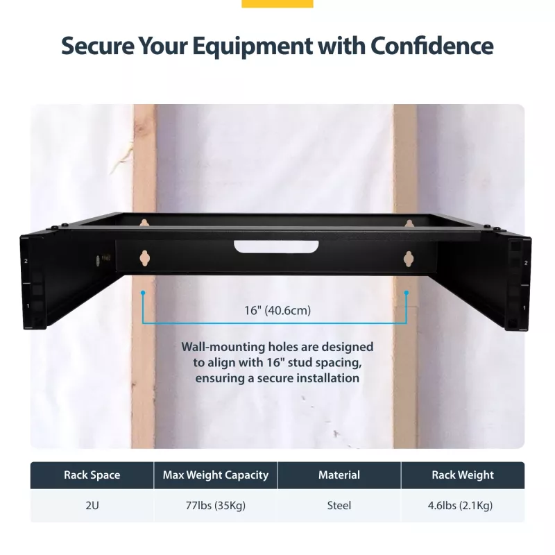 StarTech.com 2U Wall Mount Network Rack - 14In. Deep (Low Profile) - 19 inch Patch Panel Bracket for Shallow Server, IT Equipment, Network Switches - 77lbs/35kg Weight Capacity, Black