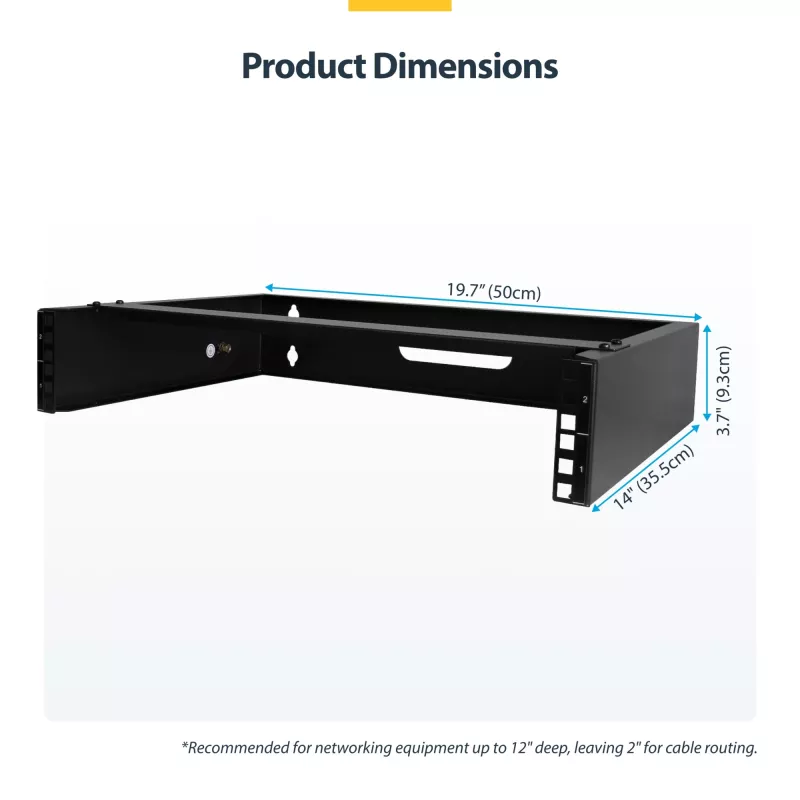 StarTech.com 2U Wall Mount Network Rack - 14In. Deep (Low Profile) - 19 inch Patch Panel Bracket for Shallow Server, IT Equipment, Network Switches - 77lbs/35kg Weight Capacity, Black