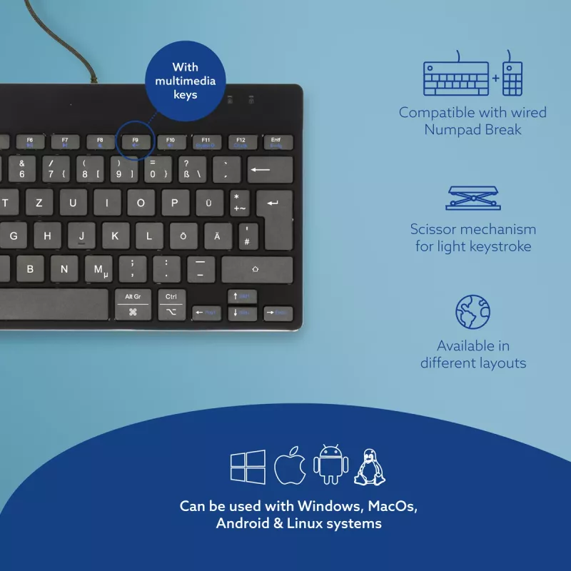 R-Go Tools Ergonomic keyboard R-Go Compact Break, compact keyboard with break software, QWERTZ (DE), wired, black