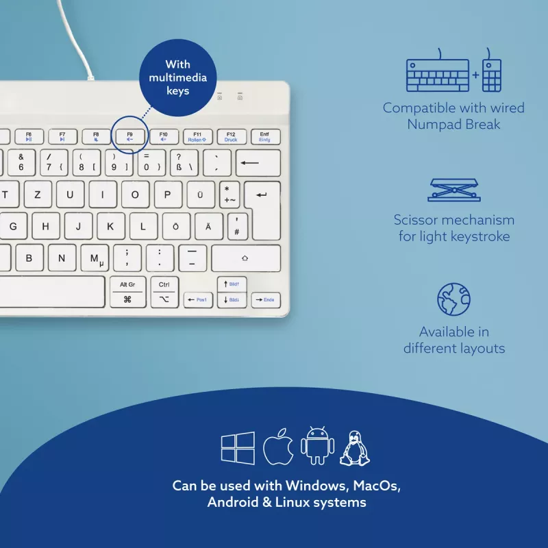 R-Go Tools Ergonomic keyboard R-Go Compact Break, compact keyboard with break software, QWERTZ (DE), wired, white