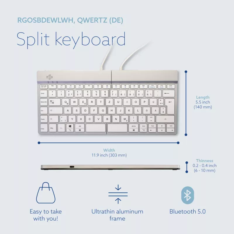 R-Go Tools Ergonomic keyboard R-Go Split Break with break software, ergonomic split keyboard, QWERTZ (DE), Bluetooth, white