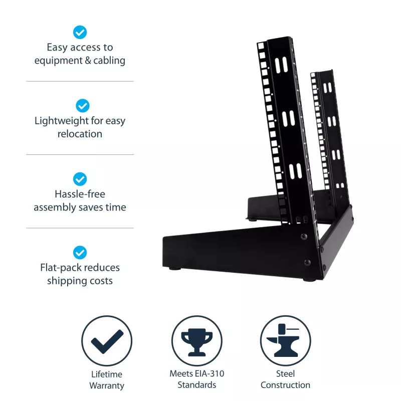 StarTech.com 2-Post 8U Desktop Server Rack, Small Open Frame 19in Computer Rack, Compact Network Rack for AV / Studio / Data / IT Equipment - Free Standing Two-Post Home/Office Rack