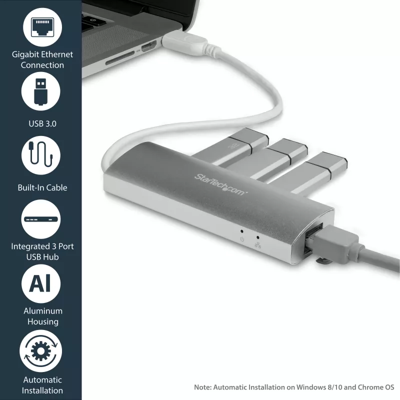 StarTech.com 3-Port Portable USB 3.0 Hub plus Gigabit Ethernet - Built-In Cable~3-Port Portable USB 3.0 Hub plus Gigabit Ethernet - 5Gbps - Built-In Cable