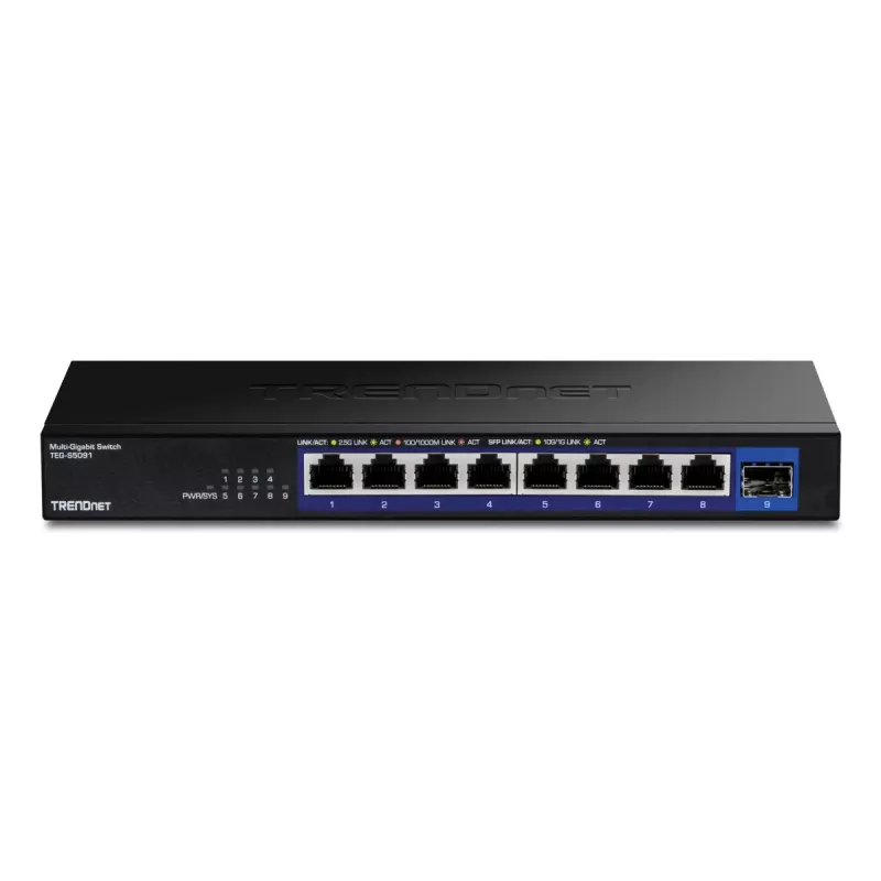 Unmanaged network switch TRENDnet TEG-S5091 — 8× 2.5G RJ-45 ports, 60 Gbit/s, 12V, wall-mountable