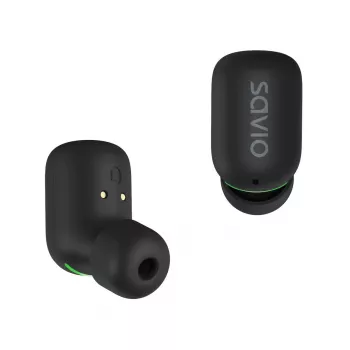 Wireless in-ear headphones SAVIO TWS-09 — Bluetooth 5.1, binaural, 20–20000 Hz, 8 h talk time, power bank, USB-C charging, black