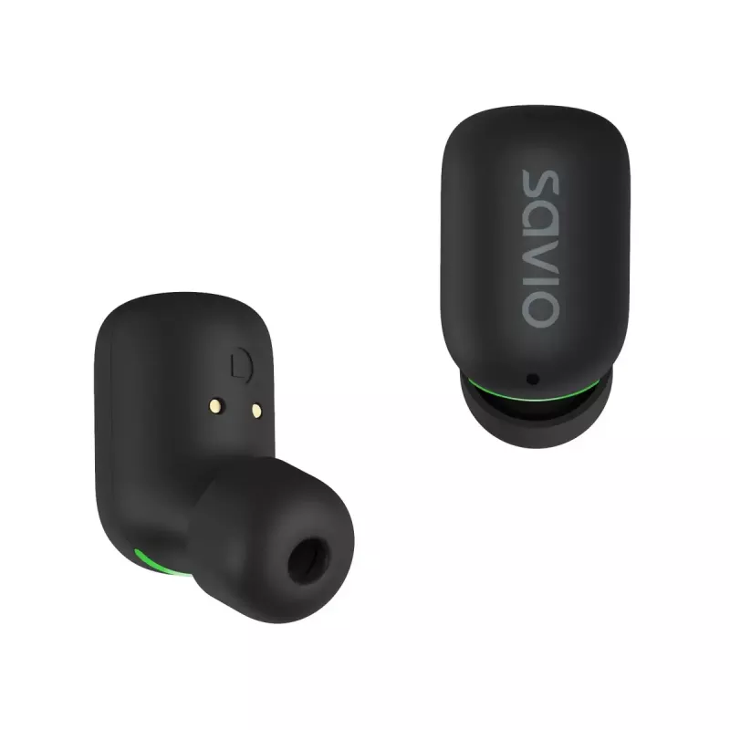 Wireless in-ear headphones SAVIO TWS-09 — Bluetooth 5.1, binaural, 20–20000 Hz, 8 h talk time, power bank, USB-C charging, black